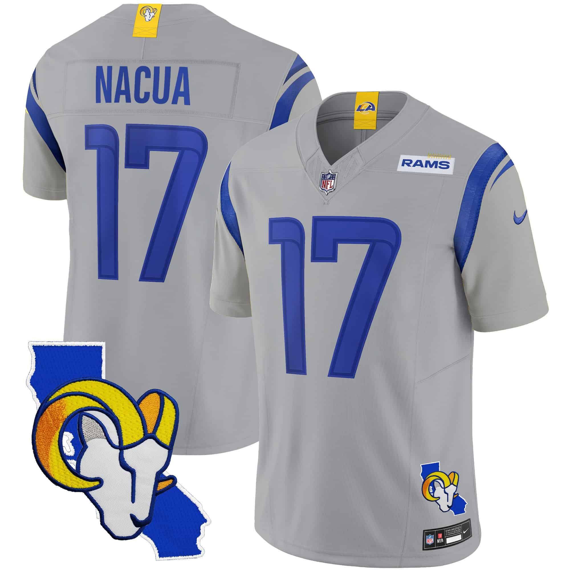 Men Los Angeles Rams #17 Nacua Grey 2024 Nike California Patch Vapor Limited NFL Jersey style 1->indianapolis colts->NFL Jersey